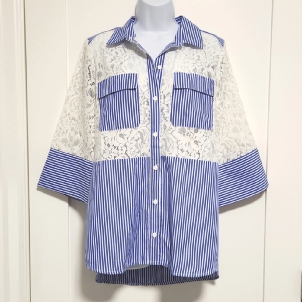 French Connection Blue & White Lace Stripe Button-Down Shirt